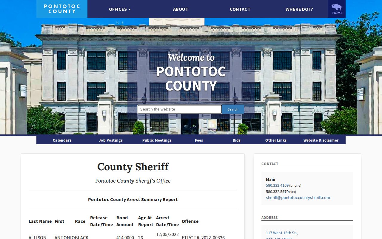 Pontotoc County released inmate Arrest Summary Report fields